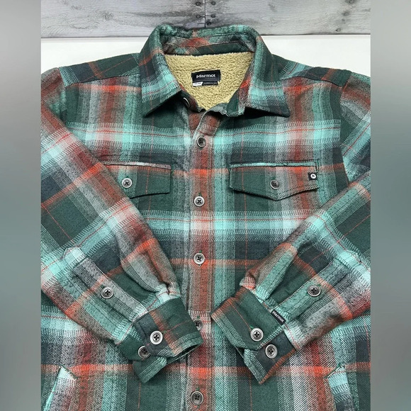 Marmot Green and Red Plaid Shirt Jacket Flannel Fleece - Picture 1 of 12